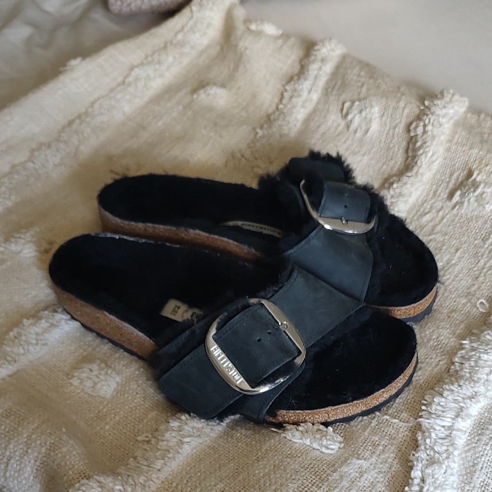 Birkenstock Black Shearling Madrid Buckle Sandals